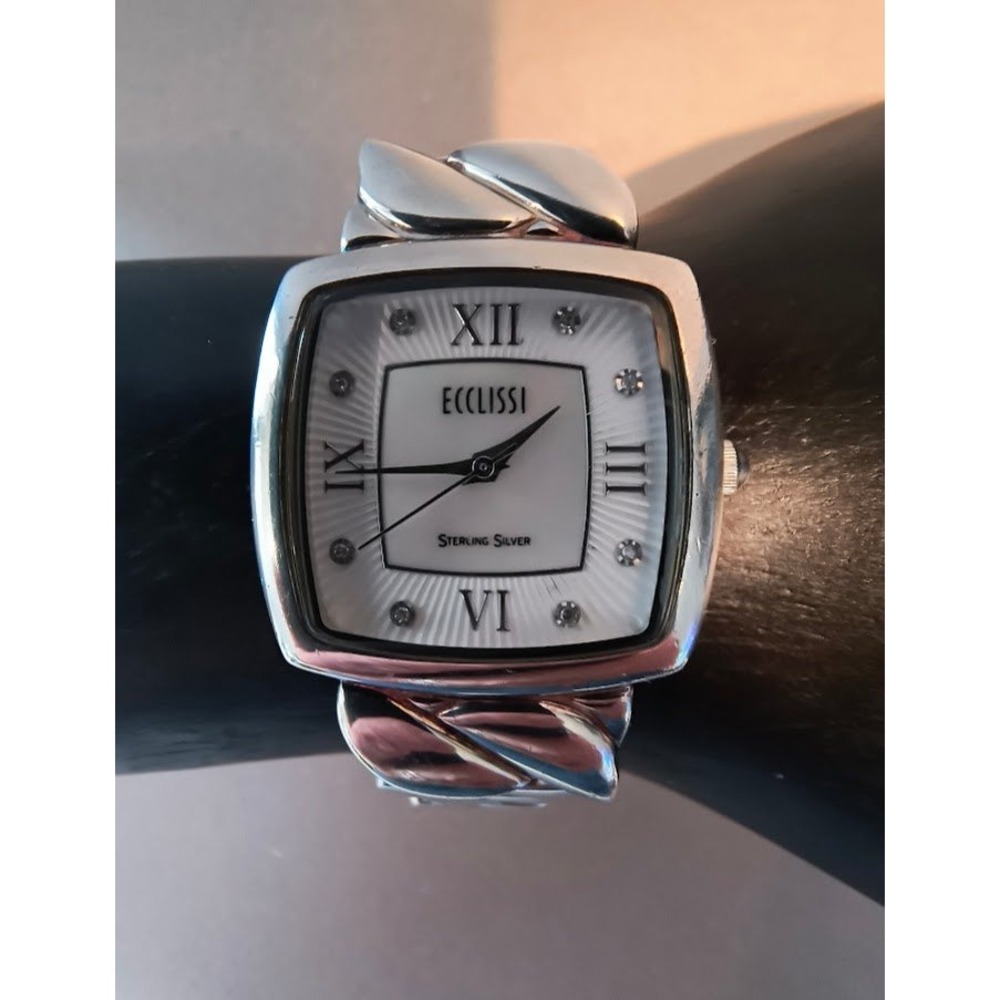 Ecclissi Diamond Ladies Sterling Silver Roman Numeral Square Face‎ Quartz Watch